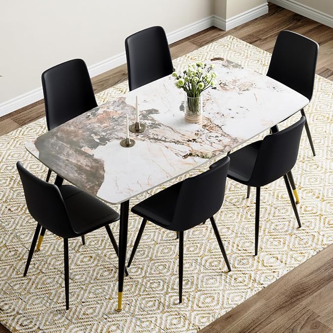7 Piece Modern Dining Set, 62'' Sintered Stone Dinner Table for 6, 6 Chairs, Easy to Assemble