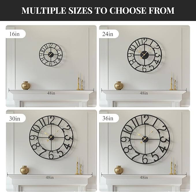 Cuspin Large Wall Clock for Living Room Decor, 30 Inch Decorative Wall Clocks Battery-Operated Silent Non Ticking Metal Modern Black Round Clock Arabic Numerals