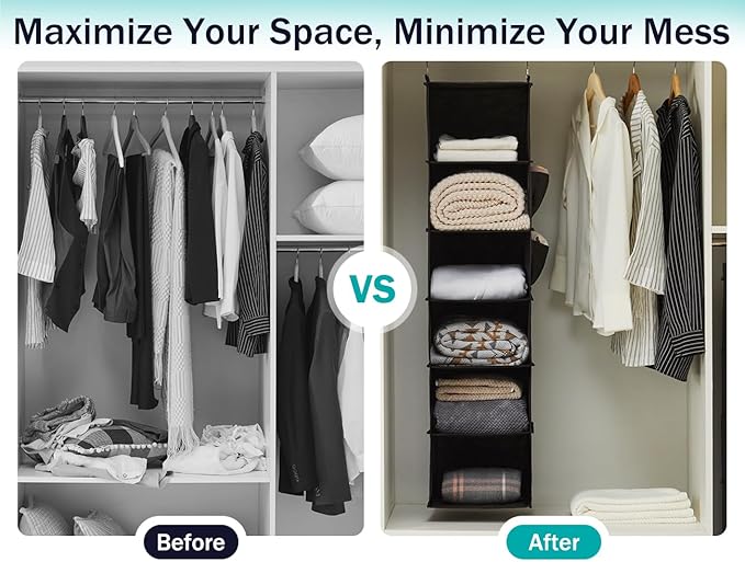 YOUDENOVA Hanging Closet Organizers and Storage, 6-Shelf Hanging Closet Shelves, Black