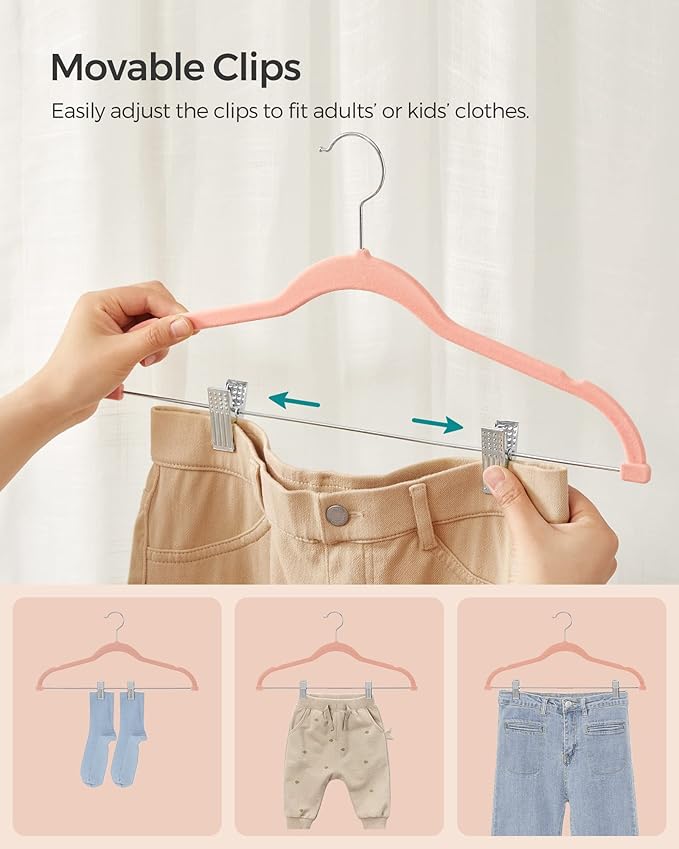 SONGMICS 30-Pack Pants Hangers, 16.7-Inch Long Velvet Hangers with Adjustable Clips, Heavy-Duty, Non-Slip Skirt Hangers, Space-Saving for Pants, Skirts, Coats, Dresses, Light Pink UCRF12PK30