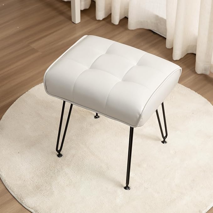 PU Leather Vanity Stools, Vanity Stool Chairs for Makeup Faux Leather Foot Stools Ottoman with Metal Leg Make up Chairs for Vanity Small Bench Seat for Living Room Bedroom (Cream White)