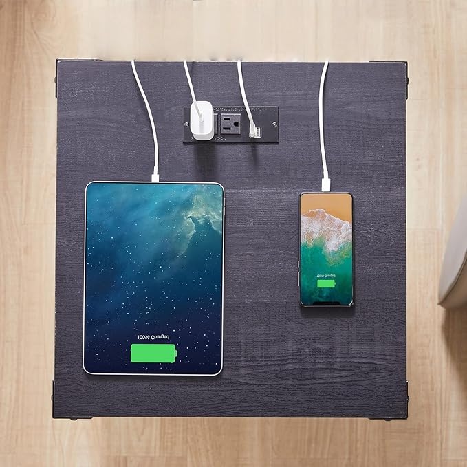 ACCOHOHO Farmhouse End Table with Charging Station,18'' Sofa Side Table,Nightstand with Barn Door,Bedside Table with Adjustable Shelf for Living Room, Bedroom, Office (White)