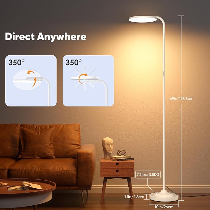 36W LED Floor Lamp, Super Bright Standing Lamp, Modern Stepless Dimmable Torchiere Tall Lamp with Remote Control, 350°Rotating Head Reading Floor Lamp for Living Room, Bedroom, Office - White