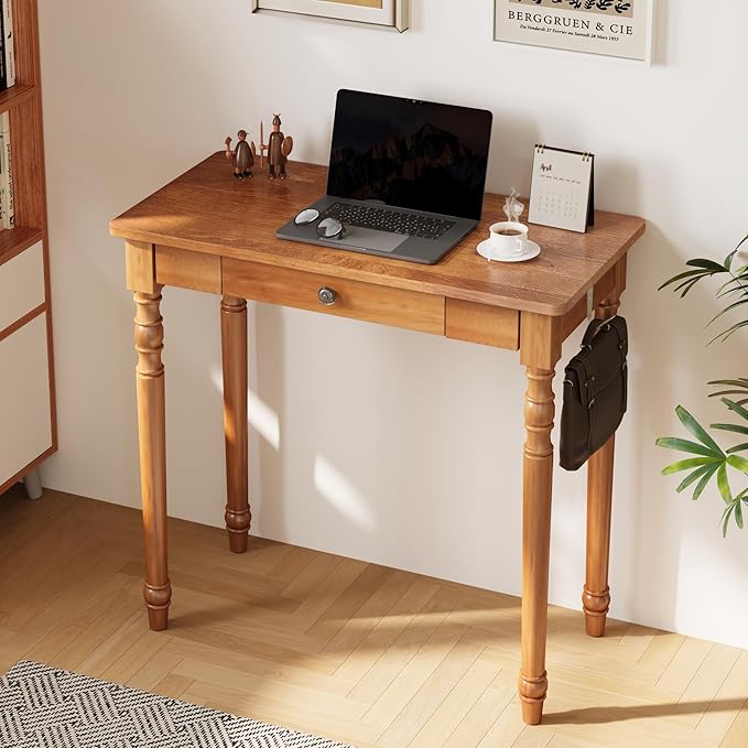 32 Inch Mid Century Modern Desk - Rubber Wood Desk with Drawers, Vintage Narrow Desks with 2 Hooks, Small Writing Desks for Small Spaces, Bedroom, Living Room & Office, Walnut Color
