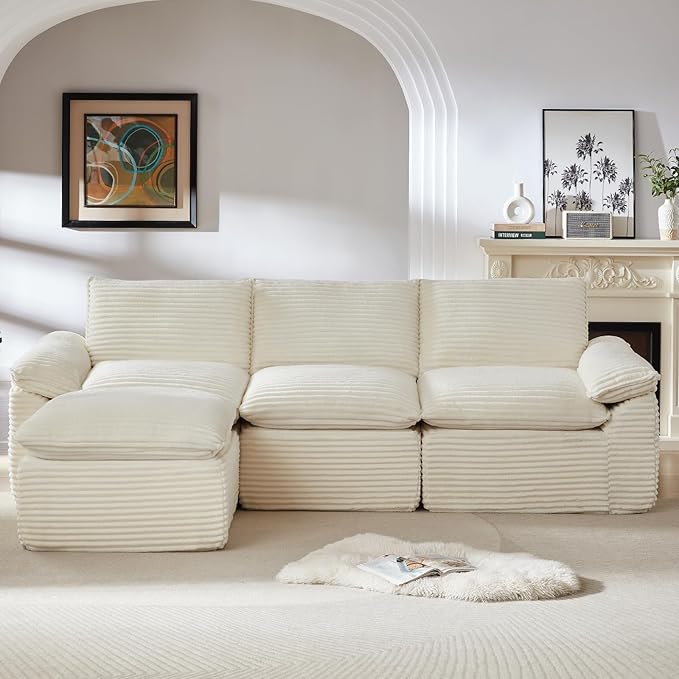 111" Cloud Sectional Couch with L-Shaped Chaise, Corduroy Sectional Sofa with Ottoman, Boneless Couch with Deep Seat in a Box for Living Room, No Assembly Required (White)