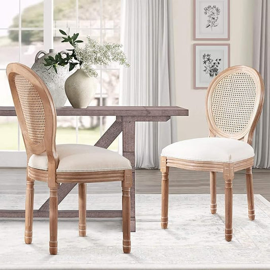 Nrizc French Country Dining Chair Set of 2, Vintage Chic, Upholstered and Carved Wooden Frames, Beige Linen Fabric, Lightweight and Sturdy, Ideal for Dining Room, Kitchen, Living Room, Bedroom