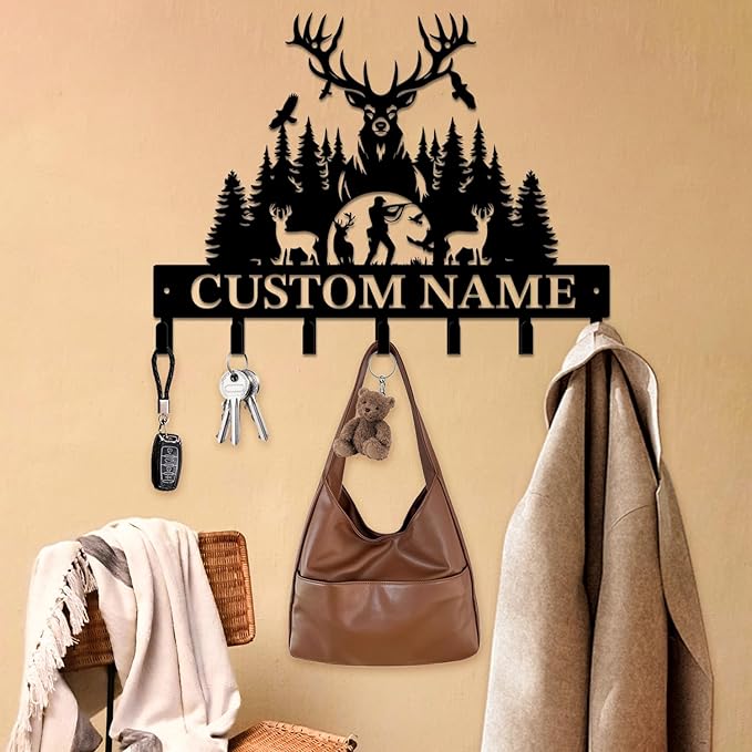 Personalized Custom Name Hunting Deer Wall Key Hooks,Metal Hunting Art Clothes Hooks,Metal Hunting Wall Home Storage Decorative,Hunter For Front Door, Hallway, Kitchen, Bedroom,Keys,Hats (Style M)