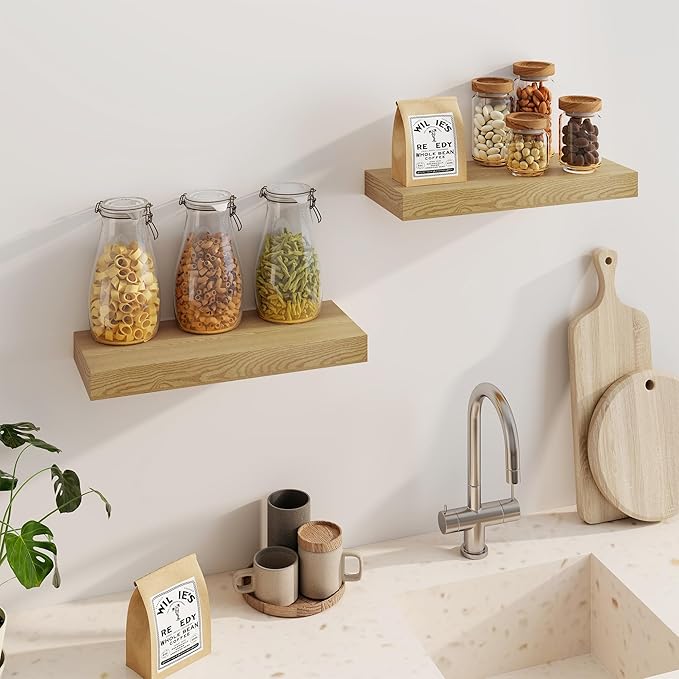 Fun Memories Floating Shelves for Wall, 20Inch Floating Shelves Set of 2, Hanging Shelf with Invisible Brackets, Wood Shelves for Living Room, Bedroom, Kitchen, Oak