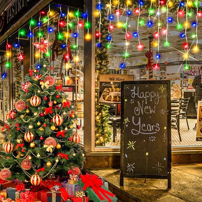 Hezbjiti Christmas Decorations Lights Outdoor, 400 LED 32.8 FT 8 Modes 75 Drops Fairy String Curtain Lights for Christmas Decor Eaves Window Party Yard Garden Indoor (Multicolor, 400LED 33FT)