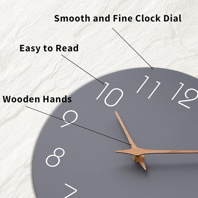 Mosewa Wall Clock Silent Non Ticking Decorative for Kitchen Bedroom Bathroom Office Living Room Battery Operated 10 Inch Gray Wood Modern Simple