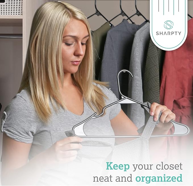 Sharpty Plastic Hangers, 20-Pack, Slim, Space Saving, Heavy Duty, Notched, Durable, Smooth, Fabric-Friendly, Ideal for Clothing, Coats, Shirts, Ties, Belts, Accessories - Black
