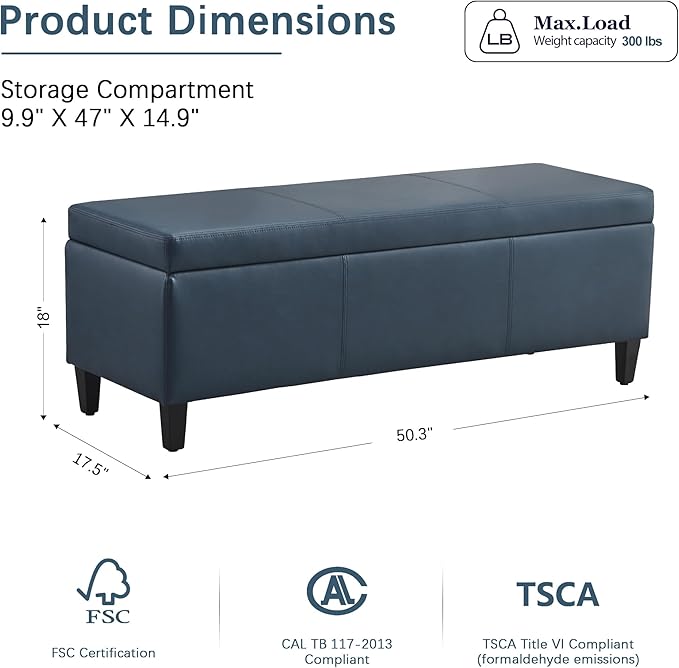 HUIMO Faux Leather Storage Ottoman Bench 50.3 Inch Extra Long PU Upholstered Bedroom Bench with Large Storage Space for The Living Room, Entryway, Bedroom Hold Up to 300lbs (Peacock Blue)