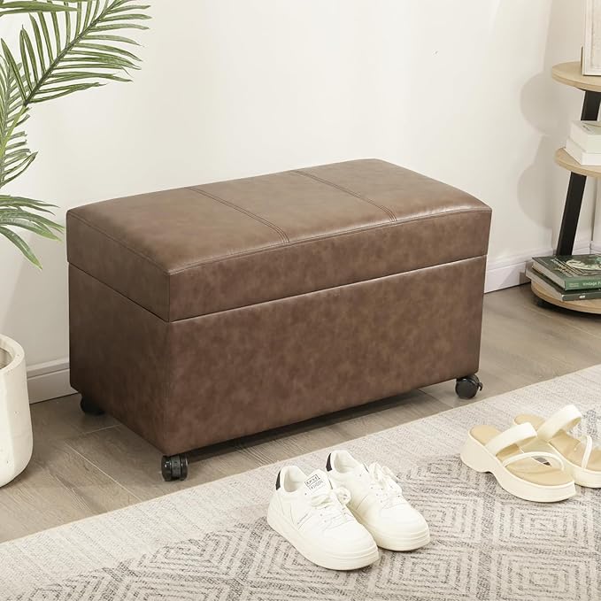 Joveco 32" Leather Storage Ottoman Bench with Wheel, Rectangle Foot Rest Stool for Living Room, Bedroom, Entryway,Earthy Light Brown Veining