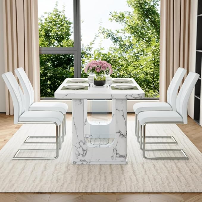 64.5" White Dining Table Set for 4, Modern Kitchen Table and Chairs Set with PU Leather Cushioned Chairs & Decorative Pedestal Base, 5 Piece Marble Pattern Dining Table Set for Dining Room or Kitchen