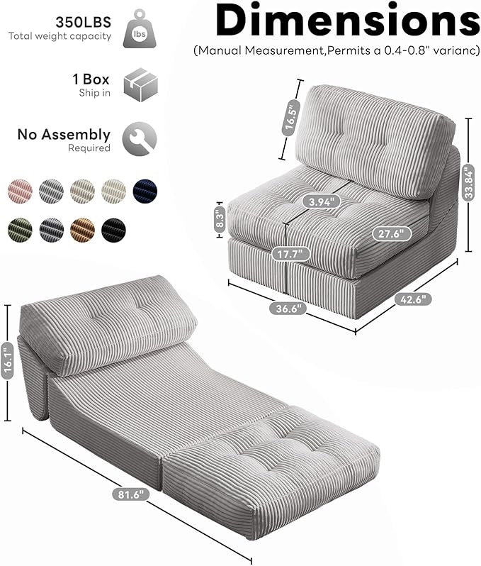 Tbfit 35.8'' Folding Sofa Bed, Convertible Sleeper Chair with Large Pillow, Corduroy Folding Couch Bed, Portable & Foldable Mattress Boneless Floor Sofa Set of 2, Grey