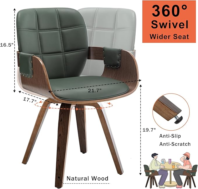 Set of 4 MCM dining Chairs - Swivel Faux Leather Dining Chairs with Arms and Curved Back, Bentwood Structure, Walnut Craftsmanship, Versatile for Kitchen/Restaurant/Conference Room (Walnut Green)
