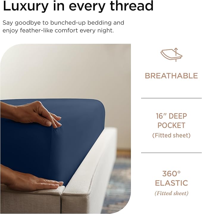 Threadmill 100% Cotton Sheets for Full Size Bed - 600 Thread Count Full Bed Sheets Set with 16” Deep Pocket - Sateen Weave 4-Piece Bedding Set with Cooling Effect, Folkstone Blue