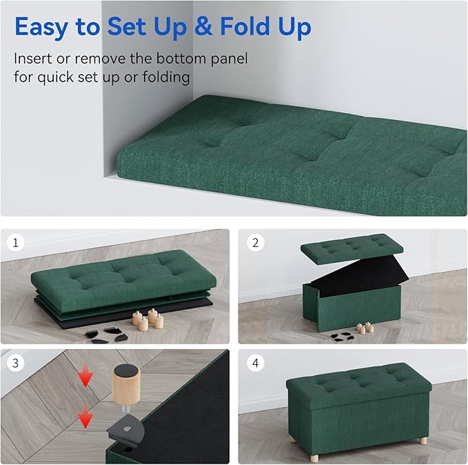 BRIAN & DANY 30 Inches Folding Storage Ottoman Bench, Ottoman with Storage Bench for Bedroom, Living Room, Entryway, Foot Rest with Legs, Dark Green