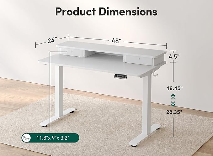 FEZIBO 48 x 24 Inch Height Adjustable Electric Standing Desk with Double Drawer, Computer Desk, Home Office Stand Up Table with 4 Height-Adjustable Feets & 2 Hooks, White