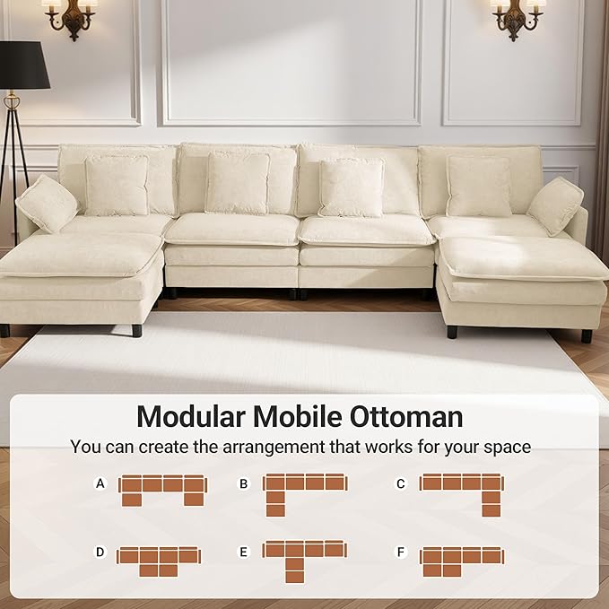 Claiks 148" Modular Sectional Sofa, Cloud Couch with Ottoman, U-Shaped 6-Seater Sofa in Chenille Fabric, Deep Seat Comfy Couch with Pillows for Living Room & Offices, Beige