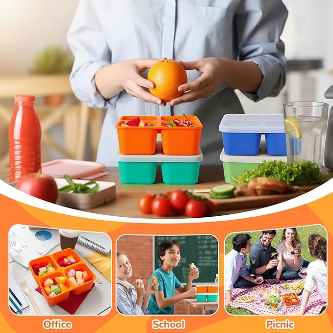 Roshtia 4 Pack Silicone Food Containers with Lids, Reusable Packs Bento Lunch Box for Meal Prep Food Storage, Microwave Dishwasher Safe (4 Compartment,Light)