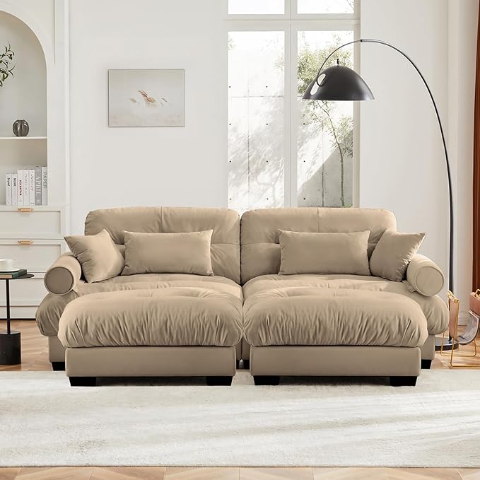 93.7" Loveseat Sofa, 2 Seater Modular Sectional Sofa, Camel Large U Shaped Sectional Couches for Living Room, Fluffy Couch, Love Seat, Velvet Cloud Couch with Ottoman, Deep Seat Sofas for Living Home
