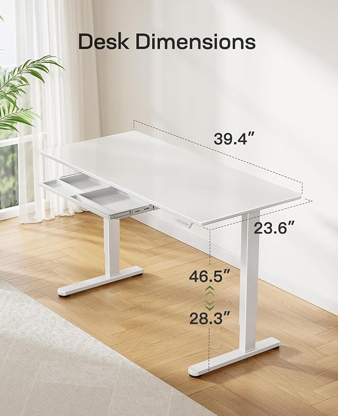 Marsail Glass Electric Standing Desk with Drawer, 40 x 24 Inches Height-Adjustable Desk, One-Piece Tempered Glass Top, Ergonomic Home Office Sit Stand Desk with 4 Preset Heights, White