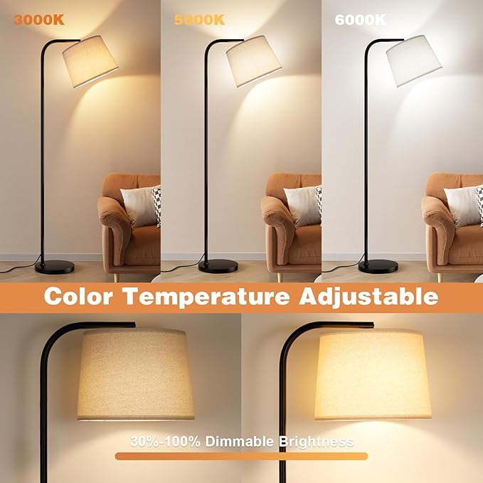 Ambimall Remote-Controlled Floor Lamp - Color Temperature Adjustable and Fully Dimmable, Standing Lamp for Living Room with Rotating Head, Tall Lamp for Bedroom, 9W Bulb Included (Black and Beige)