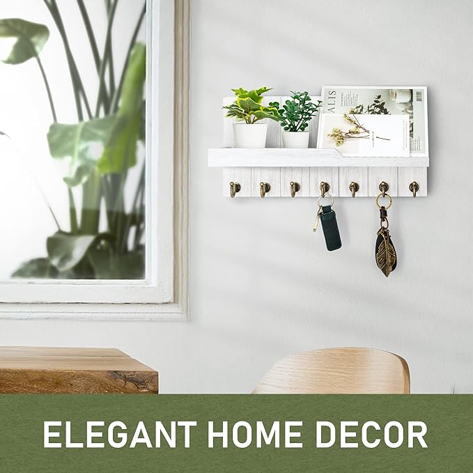 Rebee Vision Decorative Key and Mail Holder for Wall - Farmhouse 15 Inches Floating Shelf with 7 Sturdy Key Hooks for Home Entryway Wall Decor - Rustic Key Racks (White)