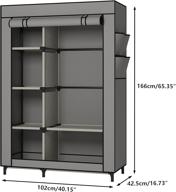 Calmootey Portable Closet Organizers, Clothing Storage, Wardrobe with 6 Shelves and Hanging Rod, Non-Woven Fabric Cover with 4 Side Pockets, Grey