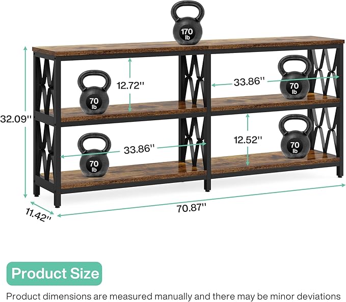 LITTLE TREE Console Table with Storage Shelves, 70.9" Industrial 3-Tier Sofa Table for Living Room, Long Foyer Table Entryway Table for Hallway, Front Door, Entrance, Rustic Brown & Black