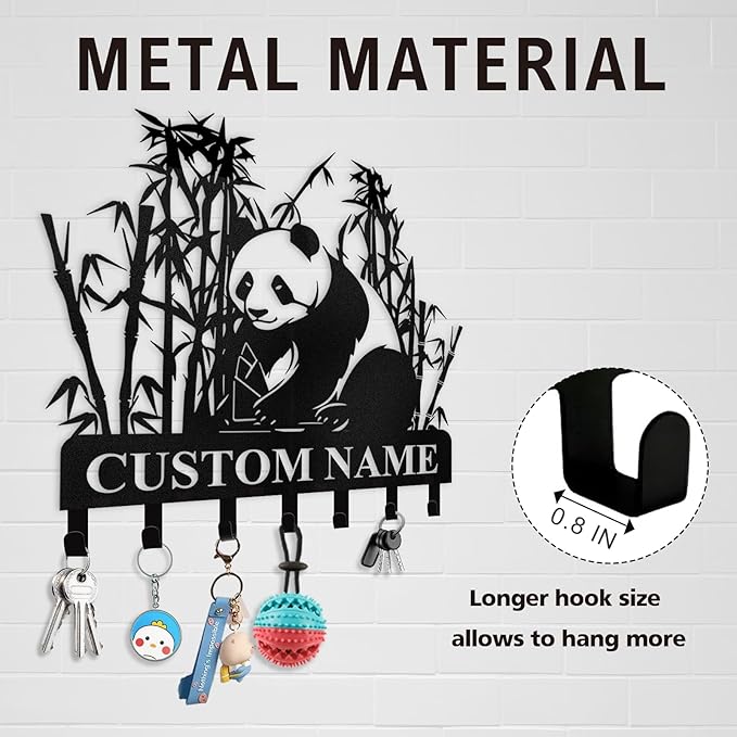 Bamboo Panda Animal Wall Key Holder | Metal Key Organizer with Hooks | Coat Rack & Wall Decor for Front Door & Hallway