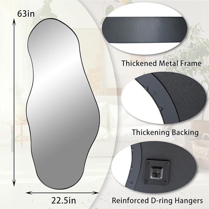 Irregular Mirror Full Length, 63"x22.5" Large Asymmetrical Wall Mirror, Black Metal Frame Abstract Decorative Mirrors for Living Room Bathroom Bedroom Hallway Entryway Fireplace