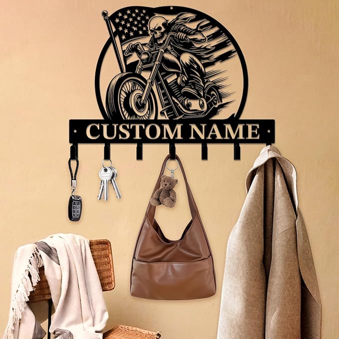magilab Personalized Custom Name Motorcycle Keys Hooks,Metal Art Clothes Hooks, Motorcycle Lover Wall Home Storage Decorative,Key Holder Hooks for Wall (Style J)