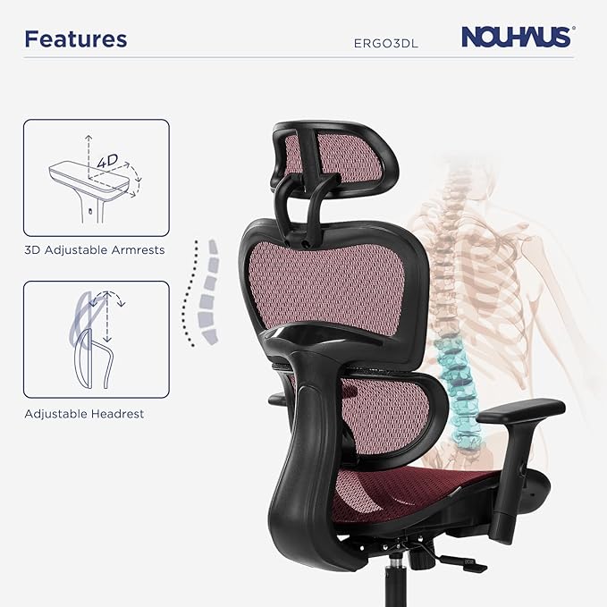 Nouhaus Ergo3dL Home Office Desk Chairs Ergonomic Office Chair High-Back Mesh Rolling Work Chairs with Wheels and Adjustable Headrests Comfortable Lumbar Support Adjustable Armrests(Burgundy)