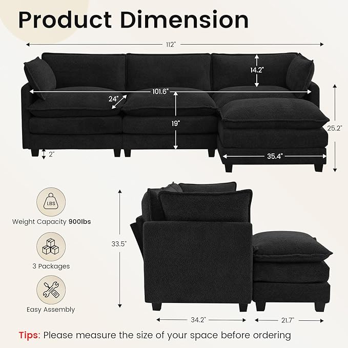 ROWHY Oversized Modular Sectional Couch with Movable Ottoman, 112" Modern Convertible L Shaped Sofa Set, 4 Seat Comfy Cloud Couch with 2 Throw Pillows, for Living Room and Office, Chenille, Black