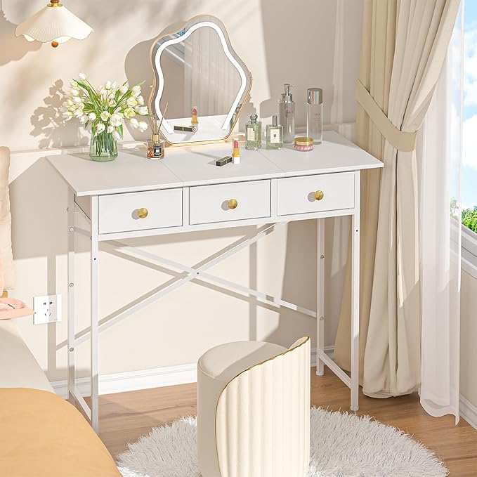 Small Makeup Vanity Desk No Mirror, 37.2 Inch Vanity Desk with 3 Drawers, Girls Vanity Dressing Table for Bedroom, Small Vanity for Small Spaces, White