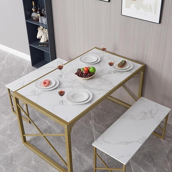 VECELO Kitchen Dining Table Benches Set for 4, 55" Wooden Dinette with 2 Benches, Heavy-Duty Dining Room Table for Small Space, Breakfast Nook, Gold