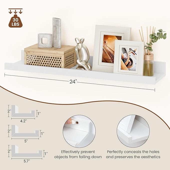 Heimlove Floating Shelves Set of 6, 24" Wall Mounted Picture Ledge, Display Shelf Organizer for Decor Storage, Wall Mounted Shelves for Living Room, Bedroom, Bathroom, Kitchen (White)