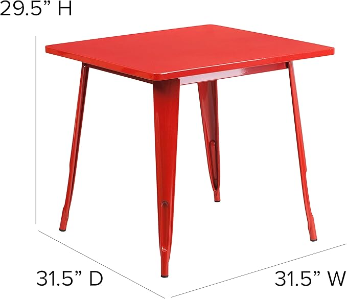EMMA + OLIVER Commercial Grade 31.5" Square Red Metal Indoor-Outdoor Table