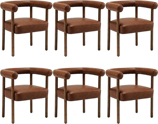 Mid-Century Modern Dining Chairs Set of 6, Armrest Barrel Dining Chairs Side Accent Chairs with Curved Back, Upholstered Wood Armchairs for Kitchen, PU Leather Brown