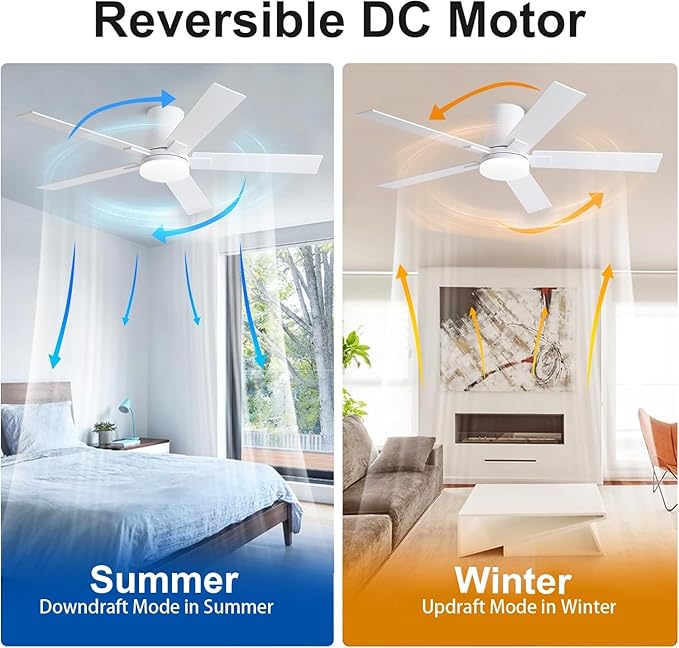 Rayqueen 52 Inch Ceiling Fans with Lights and Remote, Flush Mount White Ceiling Fan, 6 Speed Reversible DC Motor, 3CCT Dimmable LED-Low Profile Design for Bedroom, Living room & Covered Outdoor
