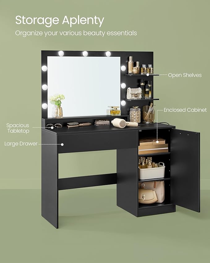 VASAGLE Vanity Desk with Mirror and Lights, 43.3-Inch Wide Makeup Vanity with Upholstered Vanity Stool, Power Outlets, Dimmable LED Lights, Storage Drawer, for Bedroom, Ink Black URDT628B01