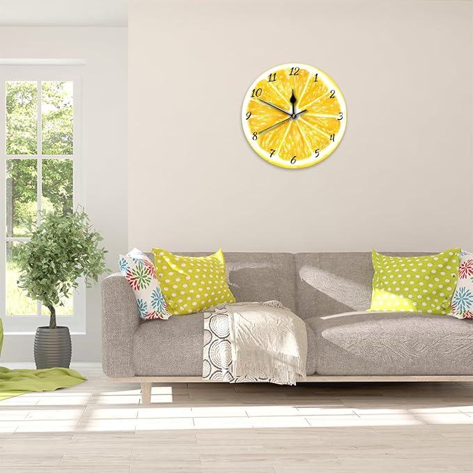 Yellow Lemon Wall Clock Battery Operated 10 in Round Wall Clocks Slilent Non Ticking Quartz Analog Clock for Bedroom Kids Living Room Classroom Decor