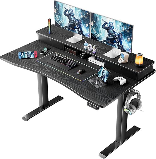 Veken 47.2"×27.6" Standing Desk with Storage Drawers, Adjustable Height Computer Table with Monitor Shelf, Home Office Desk for Study, Gaming, Workstation, Black