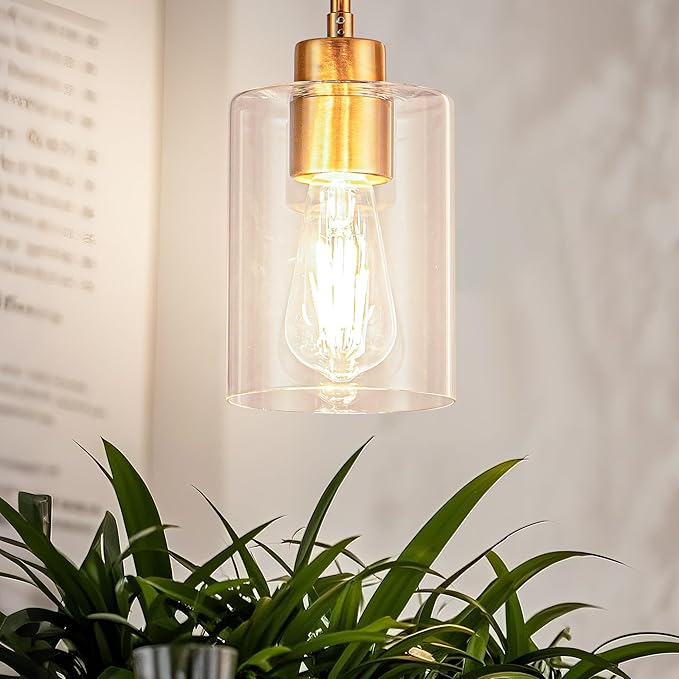 MAYNA 1-Pack Brushed Brass Drop Light, Modern Mid Century Cylinder Pendant with Bulb, Adjustable Rods Gold Finish Ceiling Lamp for Bedroom, Living Room Corner