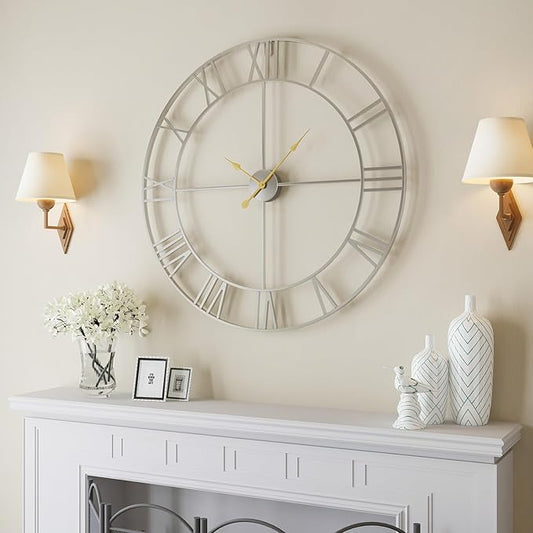 Cuspin Extra Large Wall Clock 36 Inch Silver Wall Clocks for Living Room, Modern Decorative Metal Wall Clock Battery-Operated Completely Silent Non Ticking Roman Numeral Analog Round Clock