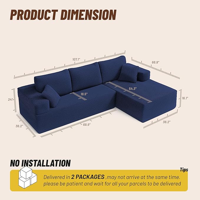 107" Boneless Couch with Deep Seat, Modular Sectional Sofa, Cloud Sectional Couch for Living Room, No Assembly Required, Corduroy, L-Shape Right?Blue