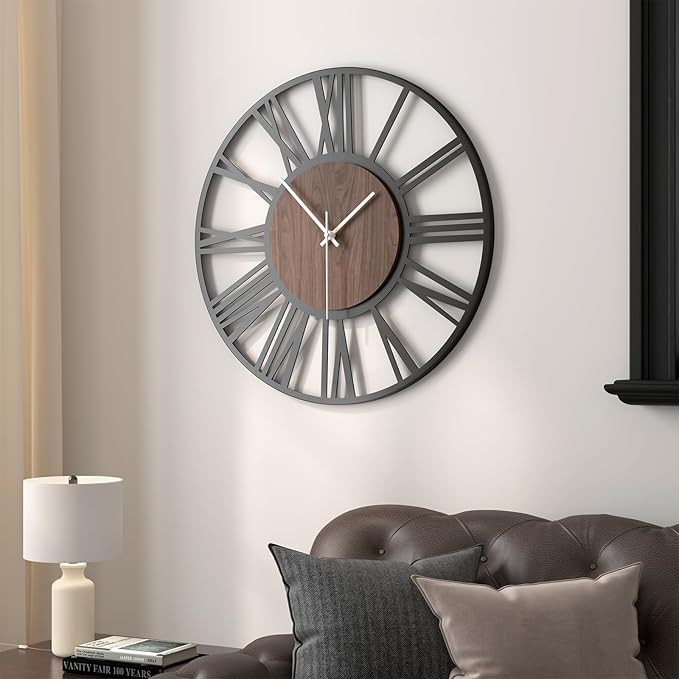 24 inch Large Wall Clock for Living Room Decor, Decorative Wood Metal Wall Clock Battery Operated Silent Non Ticking, Modern Black Round Big Clocks for Bedroom, Kitchen, Office Decor-Roman Numerals