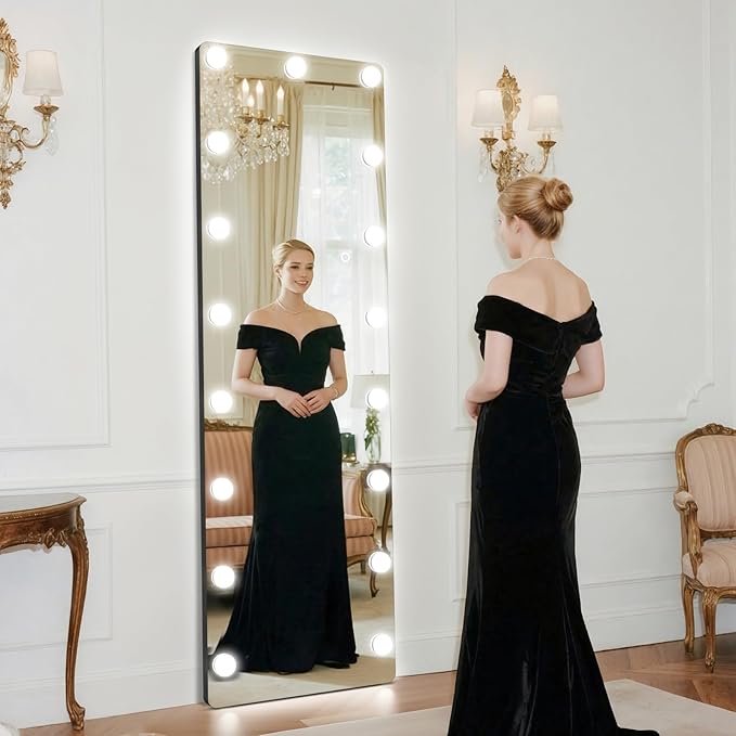 Kosmonia 56x18 Hollywood Full Length Mirror with Light, 17 Dimmable Bulbs & 3 Color Smart Touch Control, Distortion Free, Tempered Glass & Shatter Proof Film, Safe Full Body Mirrors with Stand